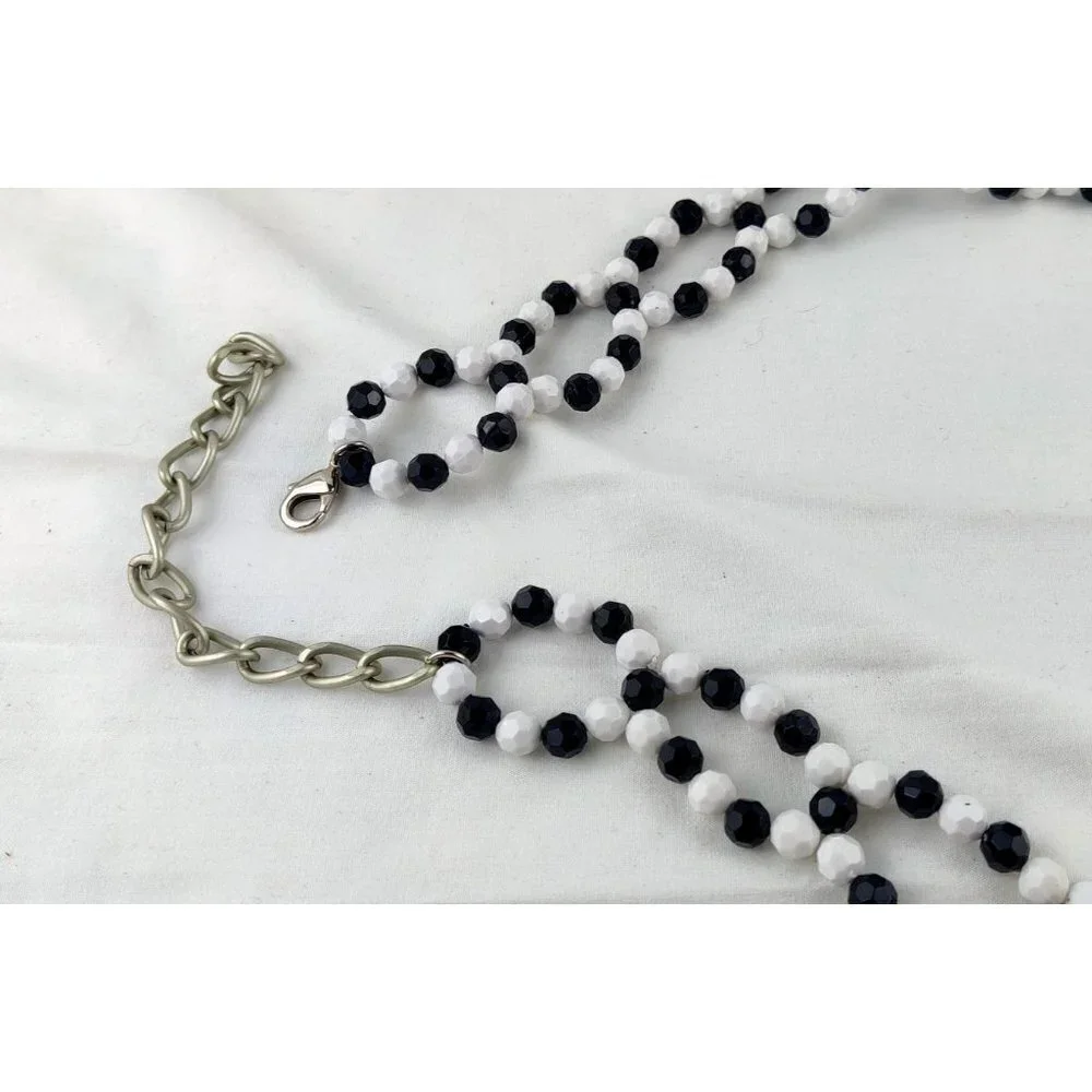 Beaded Belt Black White Beads Silver Extension Chain Boho Cottage Core Necklace